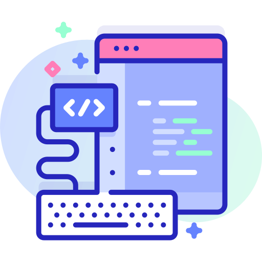 An illustration that shows a keyboard and code IDE